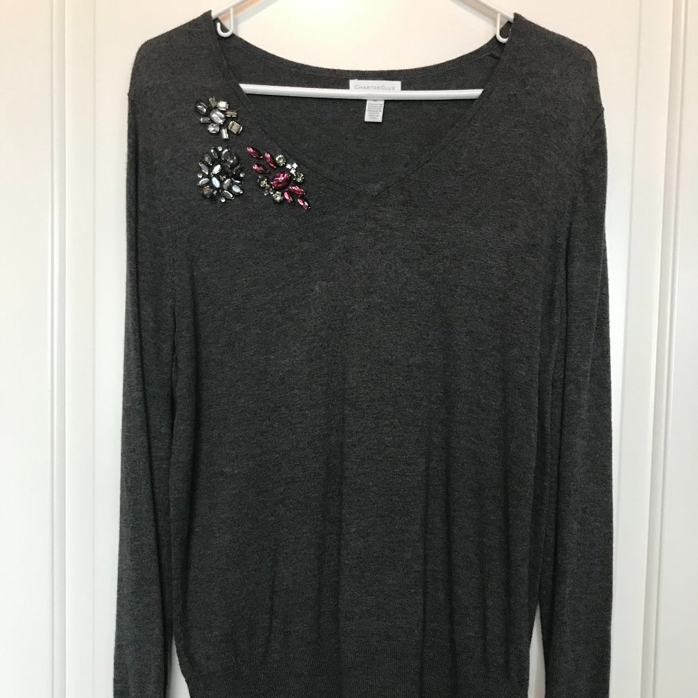Women's Bejeweled Grey Sweater Top XL